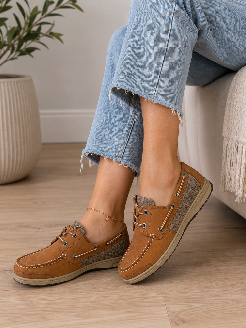 Casual Women's Lace-Up Boat Sneakers in Tan and Brown
